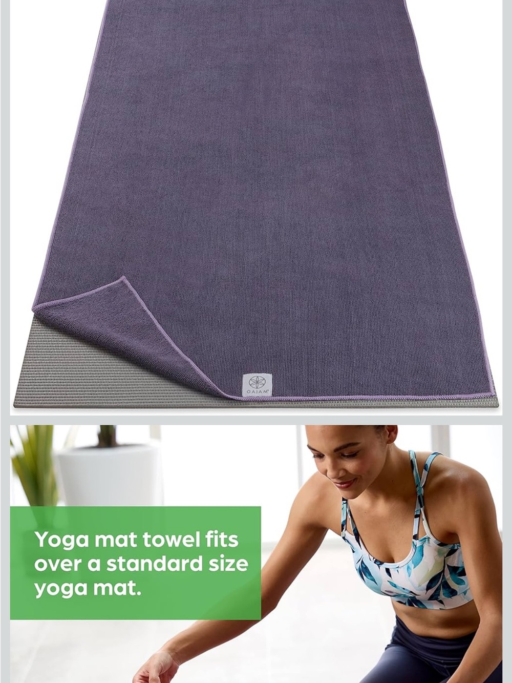 GAIAM Dark Purple Hot Yoga Towel Heron Lilac Microfiber Mat Sized Anti Slip